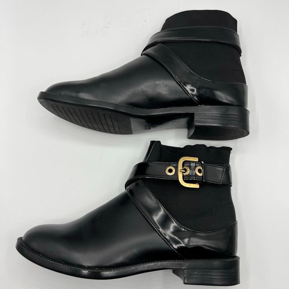 Zara Trafaluc Black Criss Cross Strap Gold Buckle Moto Ankle Boots | Women's 6.5 - Picture 4 of 11